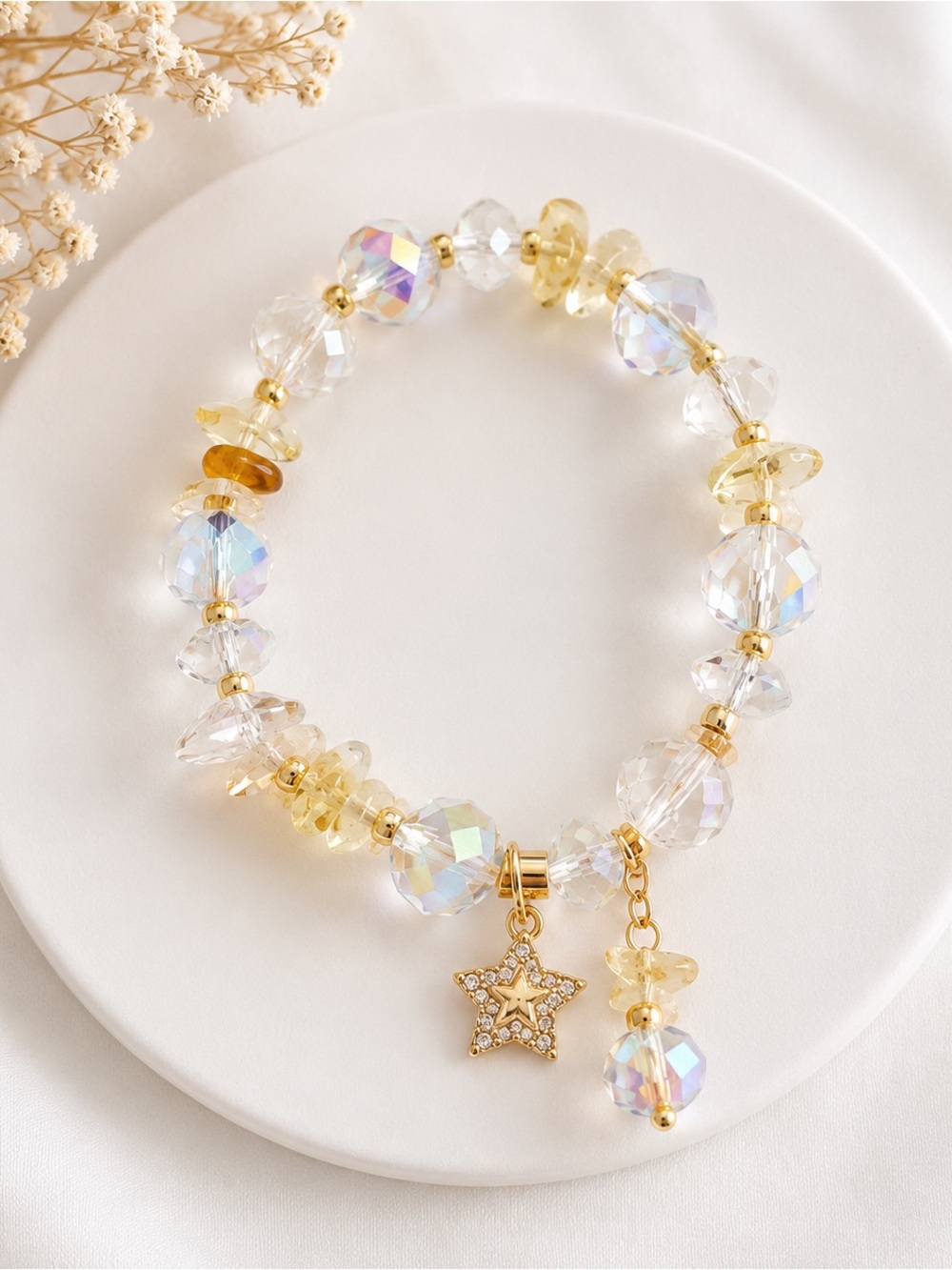 Gold-Tone Iridescent Crystal Stretch Bracelet with Star Charm
